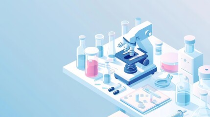 Obraz premium Clean, Isometric illustration of a lab with a stethoscope, a microscope, and scientific apparatus, symbolizing medical examination, with space for text