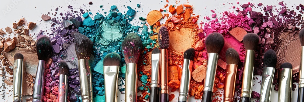 Aufkleber a close-up image of various makeup brushes covered with vibrant eyeshadow and blush, artistically ar