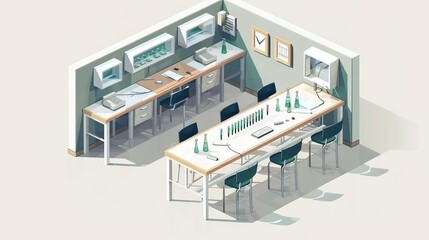 Isometric illustration of a modern laboratory with scientific equipment and furniture.