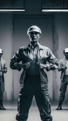 Fototapeta premium A man in a hard hat standing next to three other men, AI