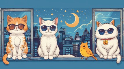 Three cats with glasses sitting next to each other create a funny and original composition, ideal for use in advertising and decorative purposes.