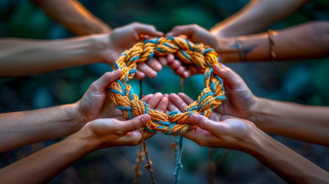 Hands weave threads into a complex web, creating an image symbolizing unity and interaction.