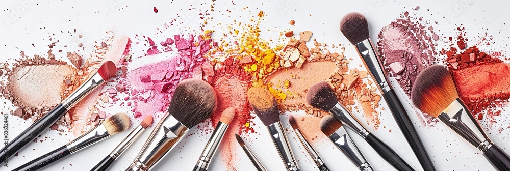 Poster a close-up shot of makeup brushes covered in colorful eyeshadow and blush on a white background. gen