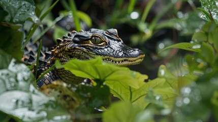 Naklejka premium Baby alligator camouflaging in its surroundings