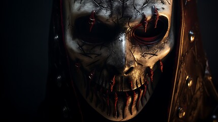 Detailed close-up of a spooky Halloween mask with dramatic lighting