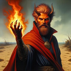 A half-demon half-human wizard conjures a fire spell in a desert. He stands confidently with a pair of horns. Flames dance effortlessly from his hand. Sorcerer. Mage. Demon. Devil. Generative AI