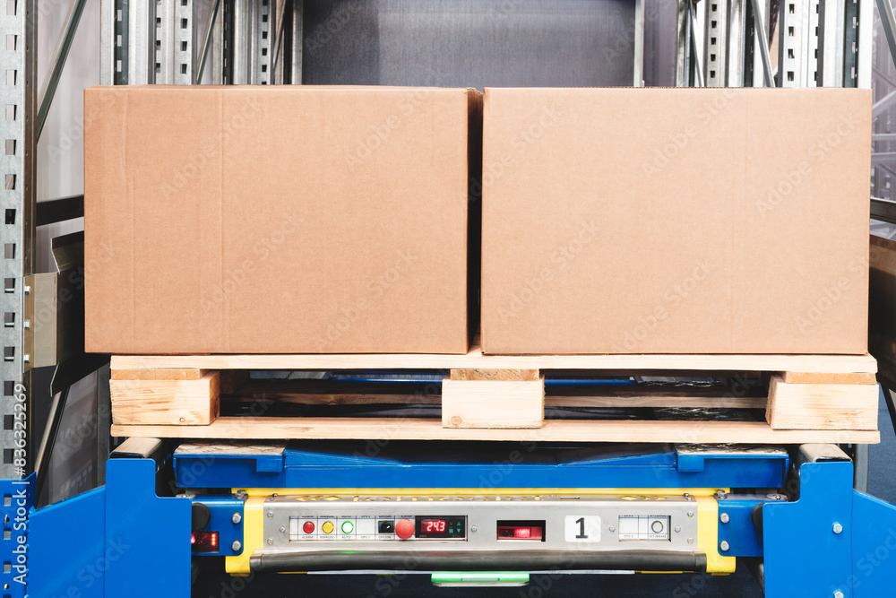 Poster a pallet of boxes is being moved by a conveyor belt
