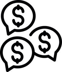 Financial conversation in black and white money talk bubble icons set vector illustration for mobile app and web design, featuring dollar sign, currency symbol, and economic dialogue