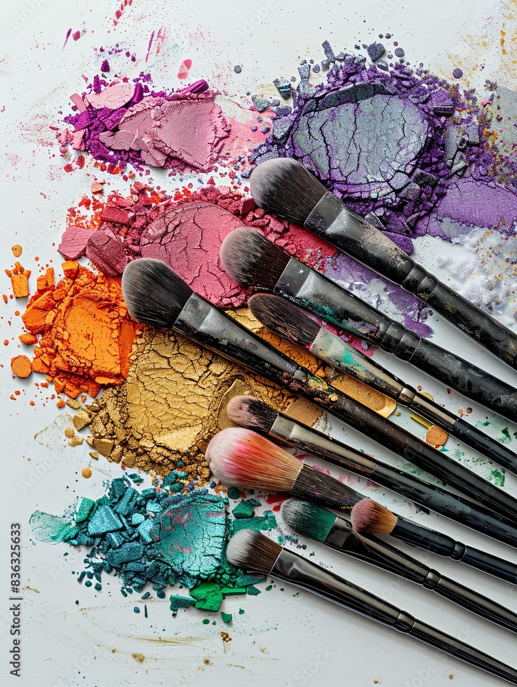 Poster a close-up of various makeup brushes covered in colorful eyeshadow on a white background. generative