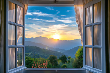 an open window with a view of mountains and sun


