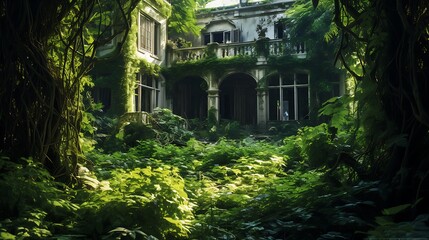 Abandoned, cobweb-filled mansion with broken windows and overgrown vegetation