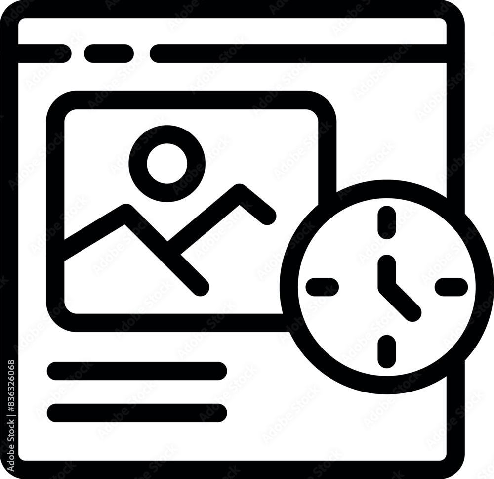Poster digital outline icon symbolizing a web page with an image and time management concept