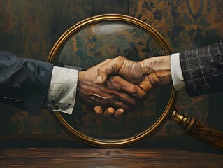 Design a digital artwork showcasing a magnifying glass enlarging a handshake in a symbolic representation of Customer Acquisition, with a mix of photorealistic and CG 3D elements
