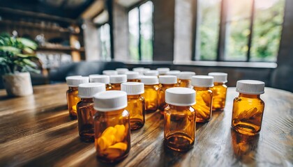 Amber glass bottles and Jars filled with capsules.