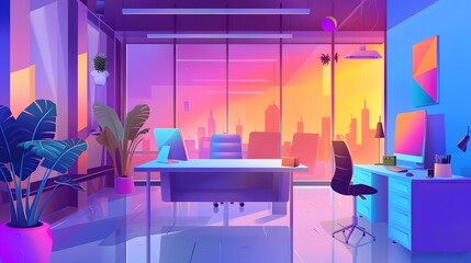 Produce a dynamic, frontal view illustration of a sleek, modern Lean Startup office space with vibrant branding elements using digital techniques