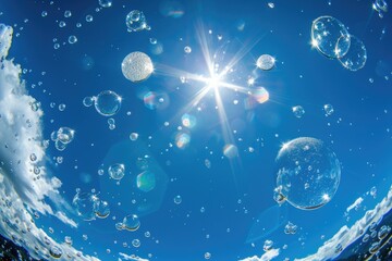 Crystalline Bubbles Floating Serenely Against a Bright Blue Sky and Sunrays Background