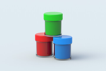 Stack of gouache paints on gray background. School accessories. Equipment for hobby and education. Drawing training. 3d render