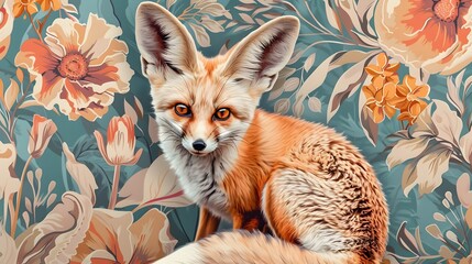 Obraz premium Illustrate a captivating high-angle scene featuring a charming Fennec Fox on a striking patterned wallpaper