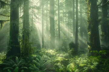 Obraz premium Within mystic woods, sunbeams filter through lush foliage, painting a fantastical morning landscape.