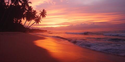 In the tranquil tropics, a scenic sunrise paints the seascape with hues of orange and blue.