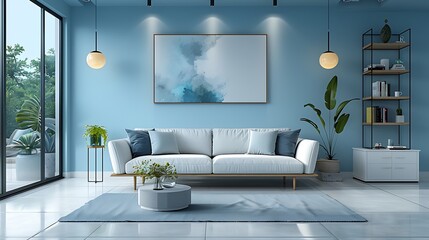 A spacious living room with white and light blue walls, decorated with abstract paintings and a minimalist bookshelf.
