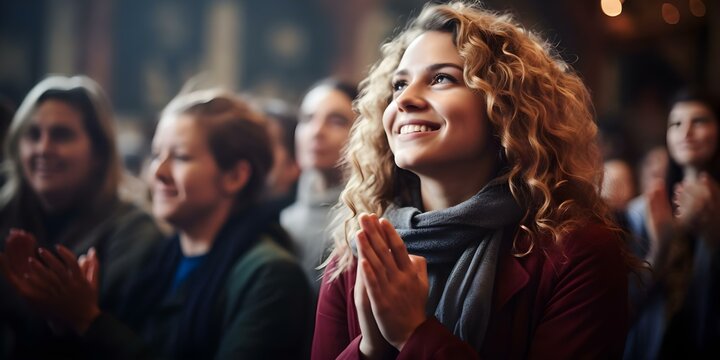 Audience applauding at event with focused attention and enthusiasm. Concept Event Applause, Engaged Crowd, Enthusiastic Reaction