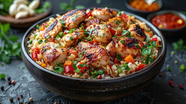Chicken Mandy top view The national Saudi Arabian dish chicken kabsa with rice mandi,