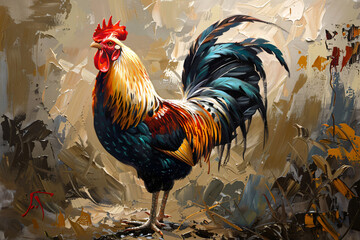 A painting of a rooster standing on a wooden fence