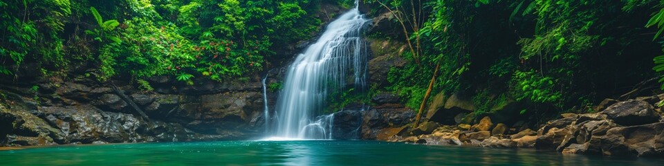 Fototapeta premium Amidst an idyllic scene, a flowing waterfall splashes through lush jungle, epitomizing tropical beauty.