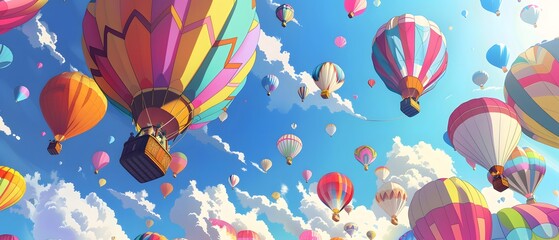 Depict a cascade of colorful hot air balloons ascending into the sky, viewed from a low angle Utilize vibrant hues and intricate details in a digital illustration