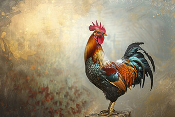 A painting of a rooster standing on a wooden fence