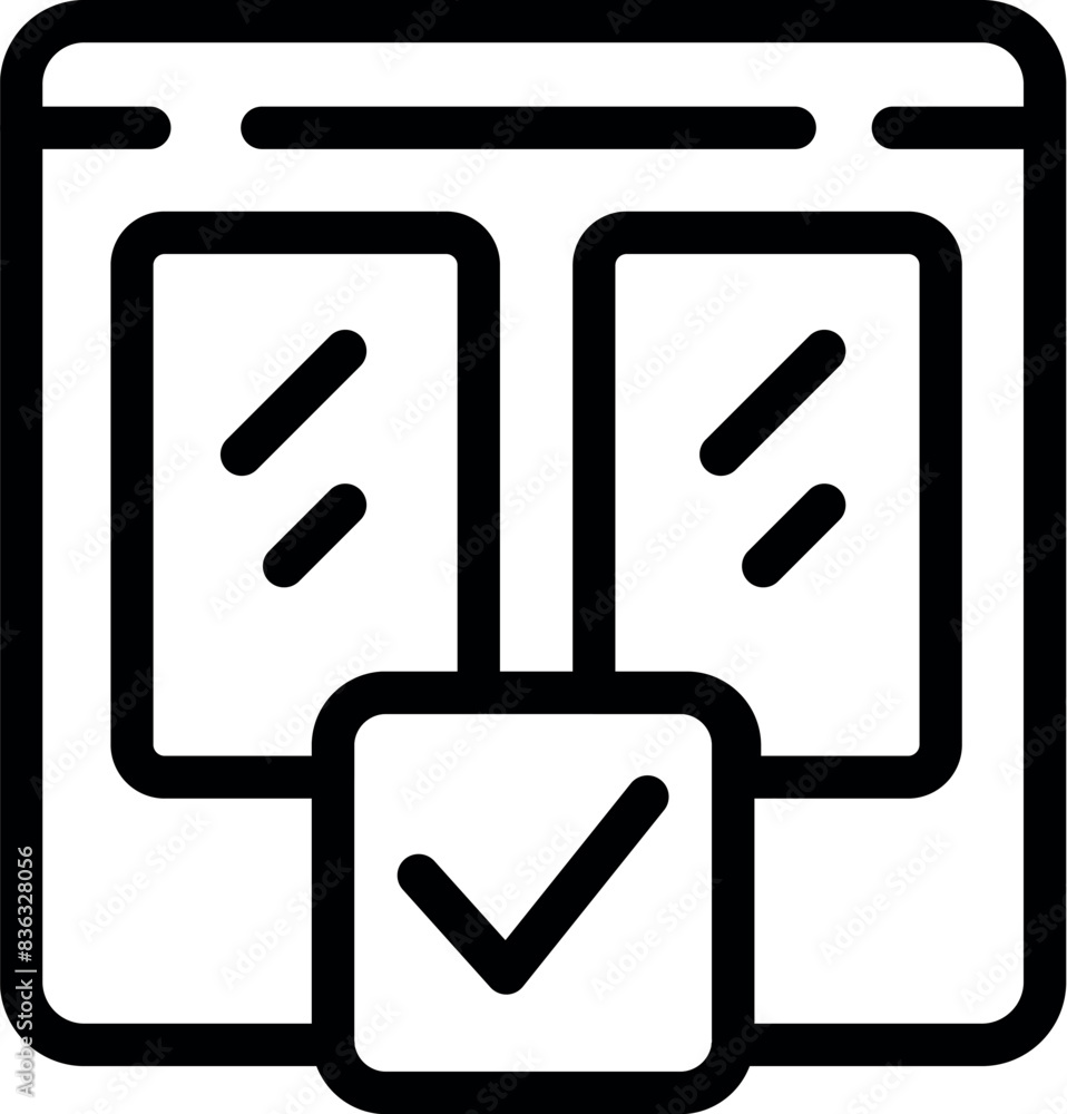 Poster black and white line art vector of a browser window with a verification checkmark