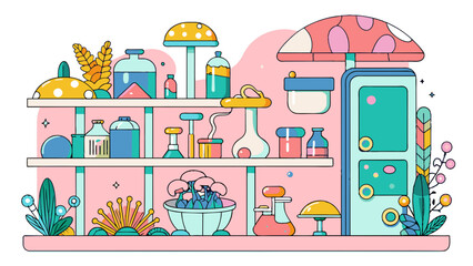 Naklejka premium Whimsical Illustrated Science Lab with Colorful Equipment and Flora