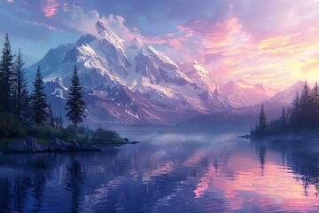 Illustrate a peaceful mountain lake under the soft glow of sunrise