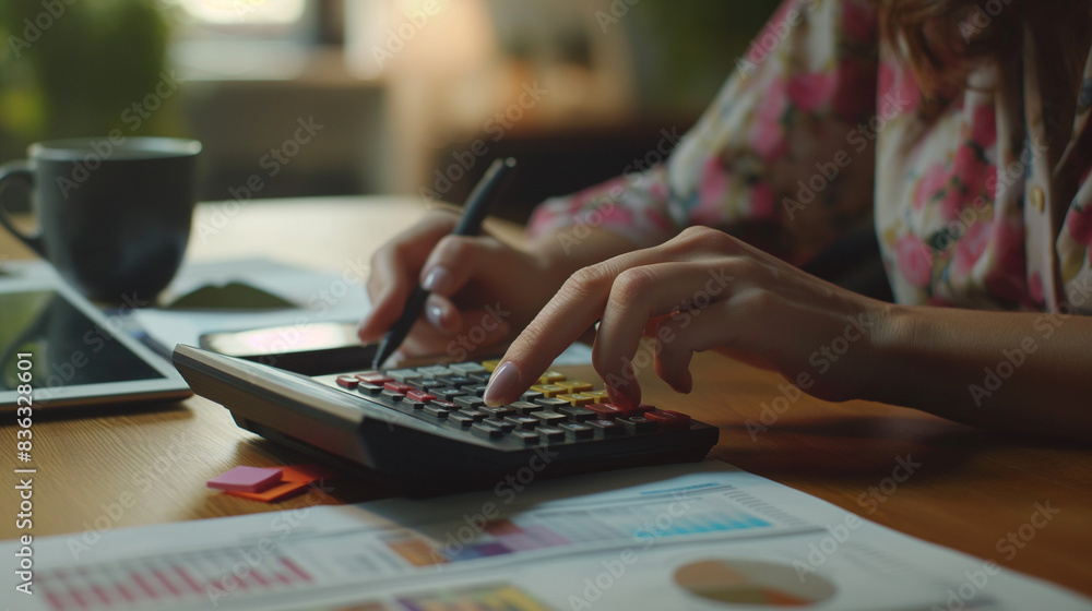 Poster person calculating on desk with calculator