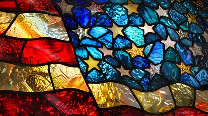 Majestic stained glass window art vibrant American flag design with jewel tone panels (close up, patriotic theme, vibrant, overlay, cathedral backdrop)