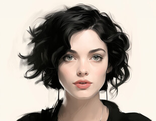 Naklejka premium Illustration of a girl with short, wavy black hair and expressive green eyes on a light background. Concept: use in fashion magazines, book and magazine covers, advertising illustrations, posters