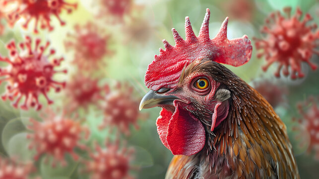 Close-up of rooster with detailed feathers and vibrant colors surrounded by virus particles, symbolizing avian flu. Copy Space