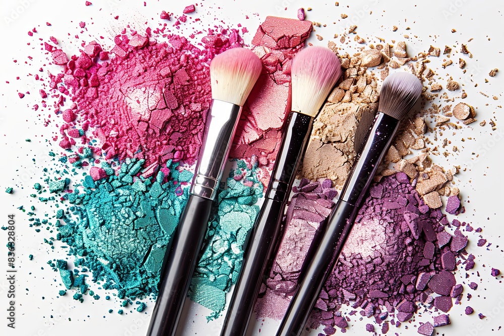 Aufkleber close-up of four makeup brushes arranged on a white background with crumbled eyeshadow and blush. ge