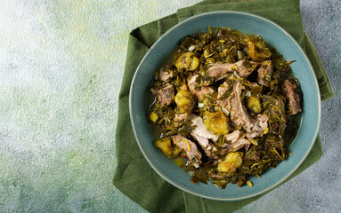chakapuli, Georgian dish, stewed meat with herbs and tkemali, in white wine, homemade, no people,