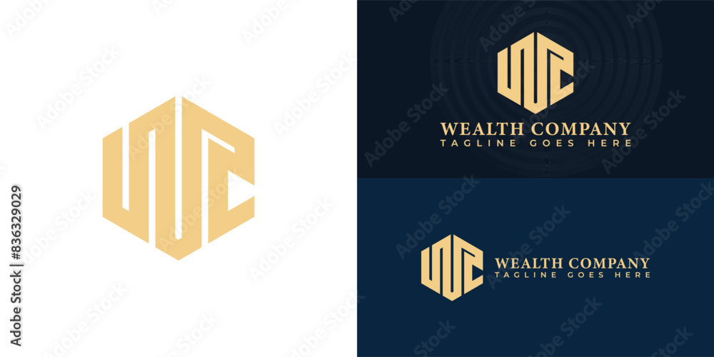Poster abstract initial hexagon letter wc or cw logo in luxury gold color isolated on multiple background c