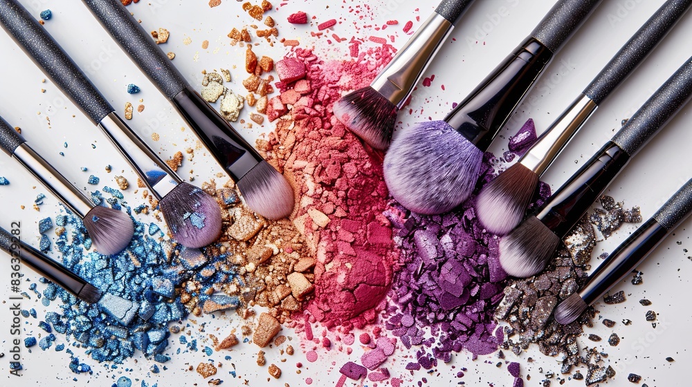 Poster multiple makeup brushes with vibrant colors of eyeshadow and blush on a white background. generative