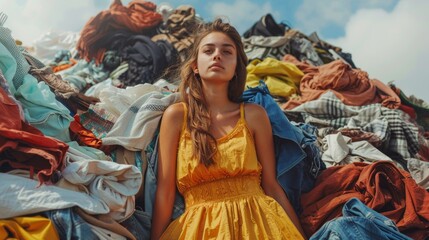 Young model woman lies on  large pile of colorful clothes. Clothing recycling and extending the lifespan concept. Fast Fashion. Generative ai