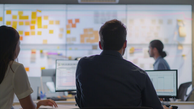 Two individuals working at desk with computers