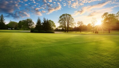Beautiful blurred background image of spring nature with a neatly trimmed lawn surrounded by trees against a blue sky with clouds on a bright sunny day. 