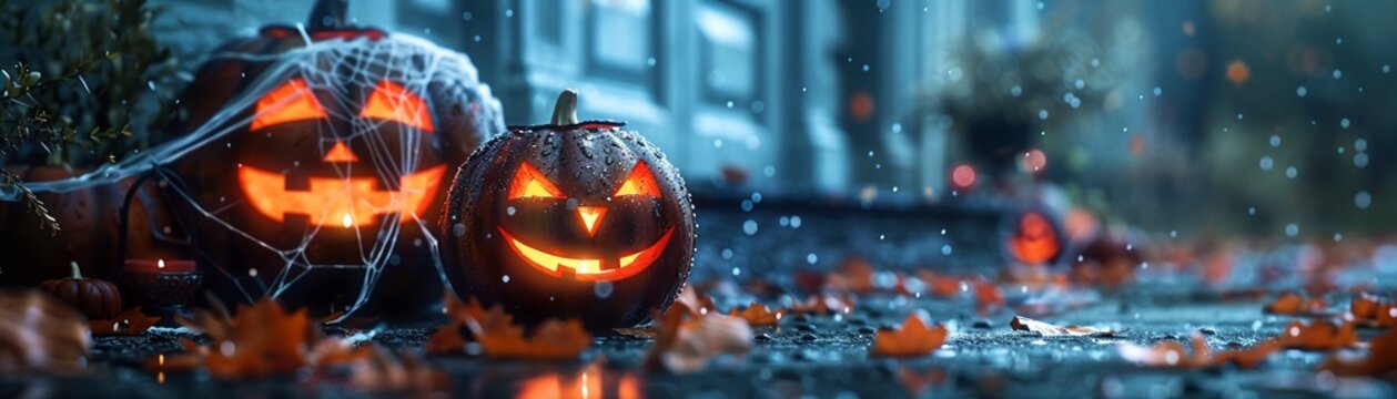 Spooky Halloween decorations on a front porch, carved pumpkins and cobwebs, Creepy, Festive, Photography, enhancing the holiday atmosphere 8K , high-resolution, ultra HD,up32K HD