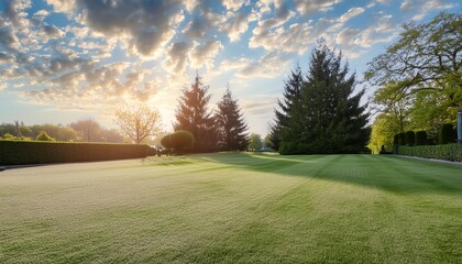 Obraz premium Beautiful blurred background image of spring nature with a neatly trimmed lawn surrounded by trees against a blue sky with clouds on a bright sunny day. 