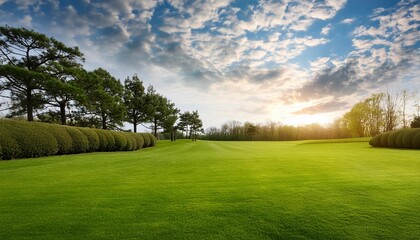Beautiful blurred background image of spring nature with a neatly trimmed lawn surrounded by trees against a blue sky with clouds on a bright sunny day. 