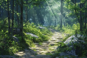 Fototapeta premium Craft a digital illustration showcasing a realistic view of a forest trail from behind Emphasize the winding path