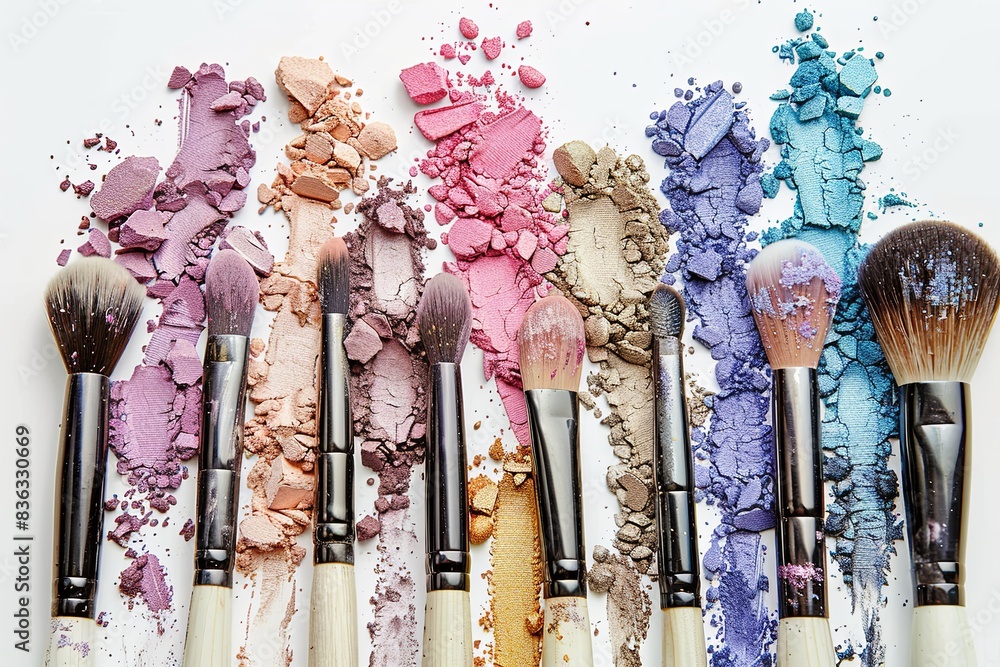Poster a close-up image of various makeup brushes covered in colorful eyeshadow and blush powder on a white